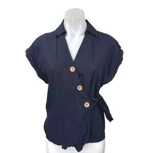 Ellen Tracy Navy Blue Linen Asymmetric Button V-neck Collar Wrap Blouse Top XS